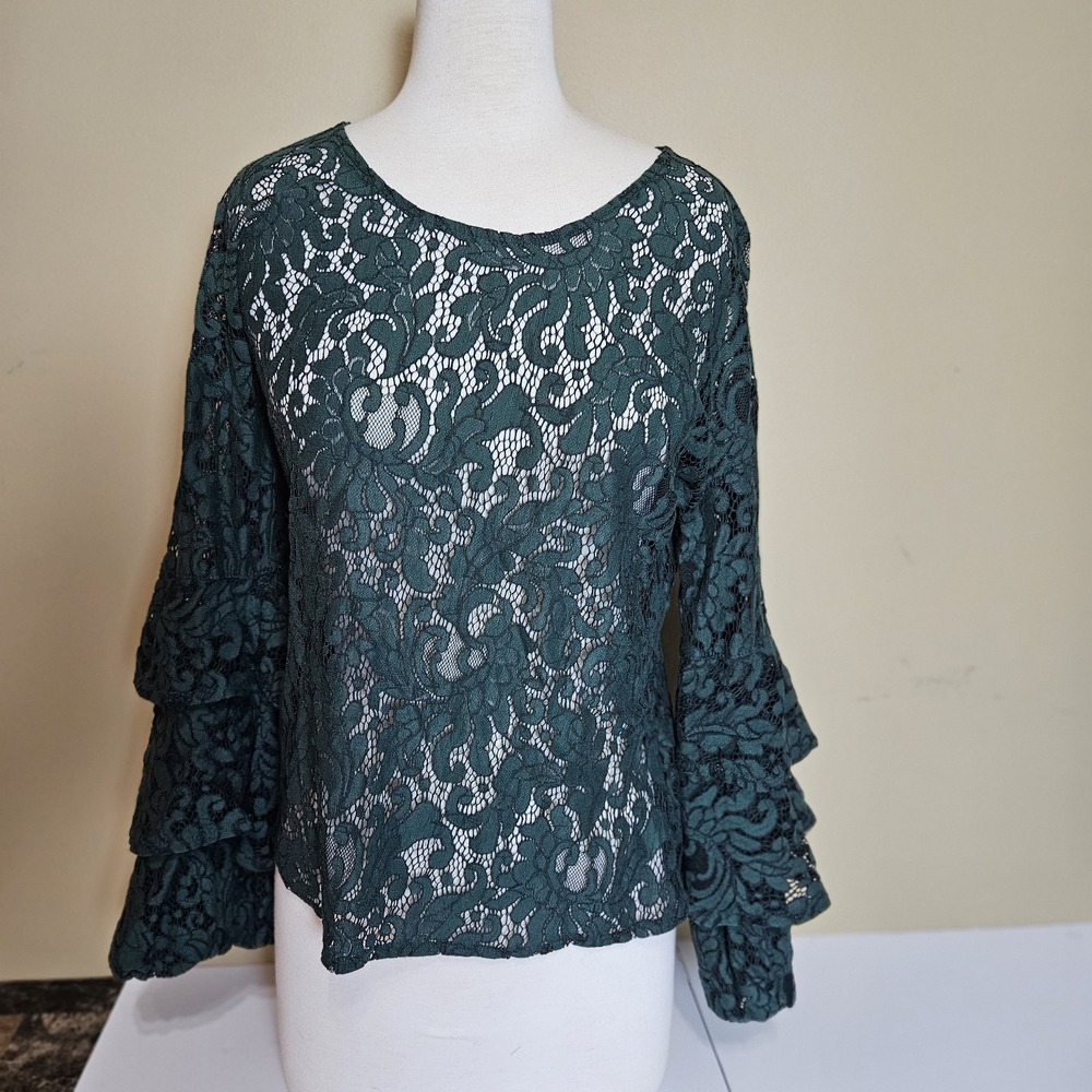 Solitaire Lace Top Womens S Green Bell Sleeve Sheer Boho Blouse